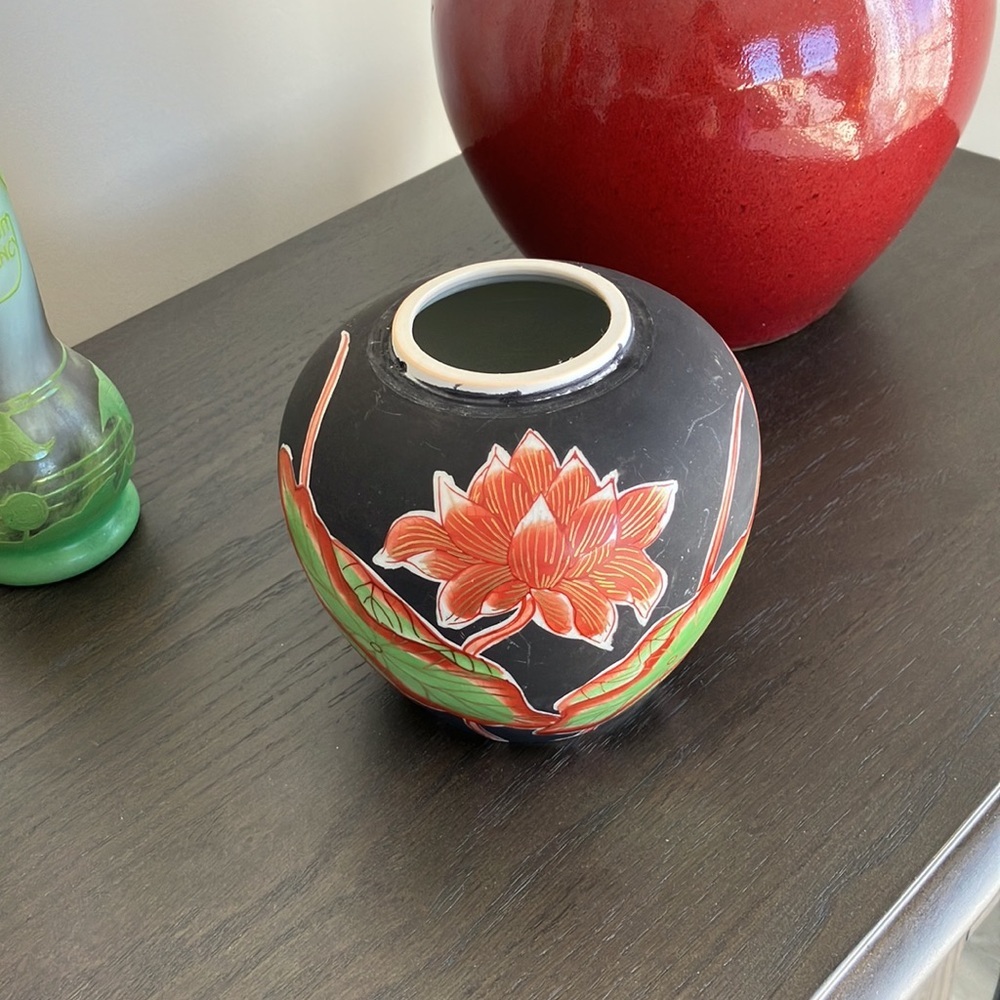 Vintage Japanese Black Ceramic Vase Red Lotus Flowers Hand Painted Japan